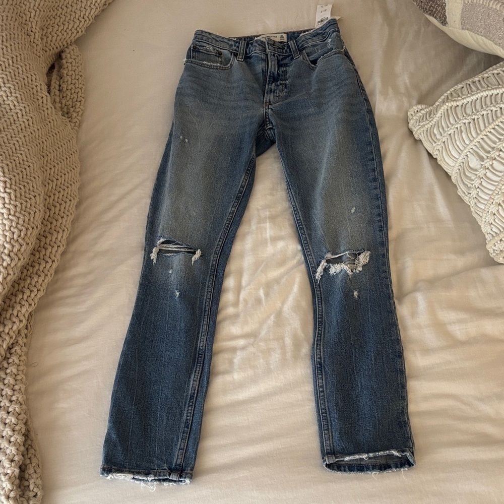 Abercrombie & Fitch Blue Distressed Straight Leg Jeans
